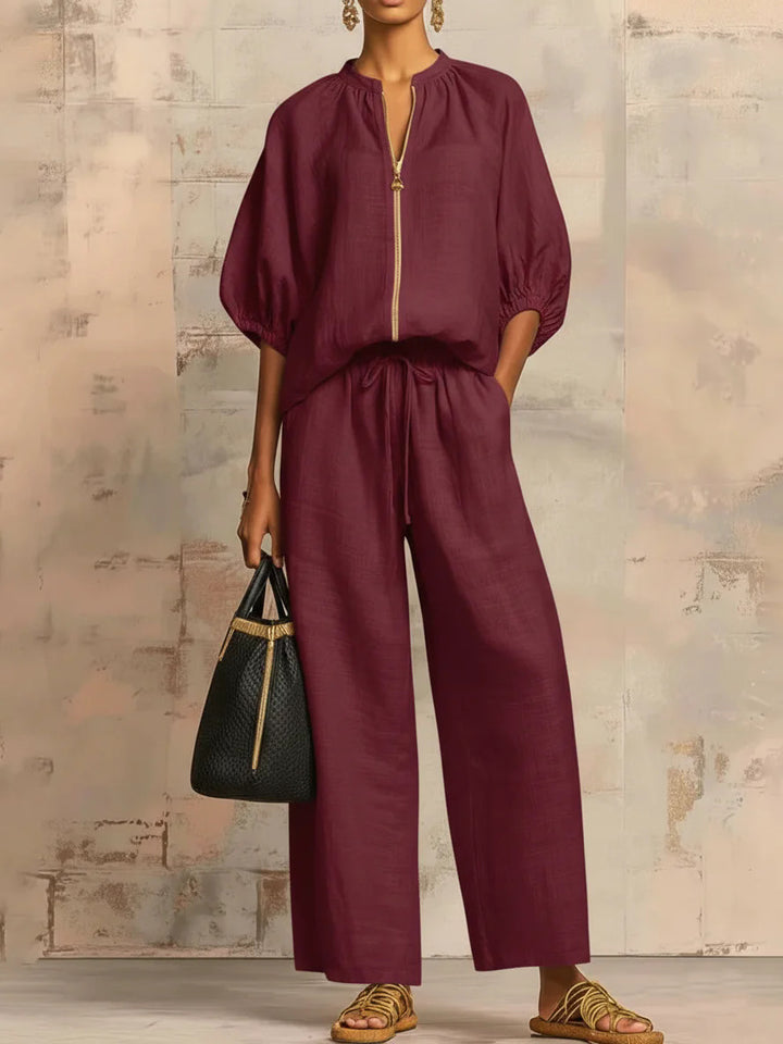 Solid Color Cotton Linen Puff Sleeve Zip-up Top and Wide-leg Pants Two-piece Set