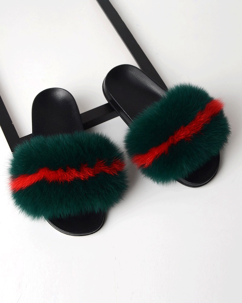 Color-blocked Fox Fur Slippers