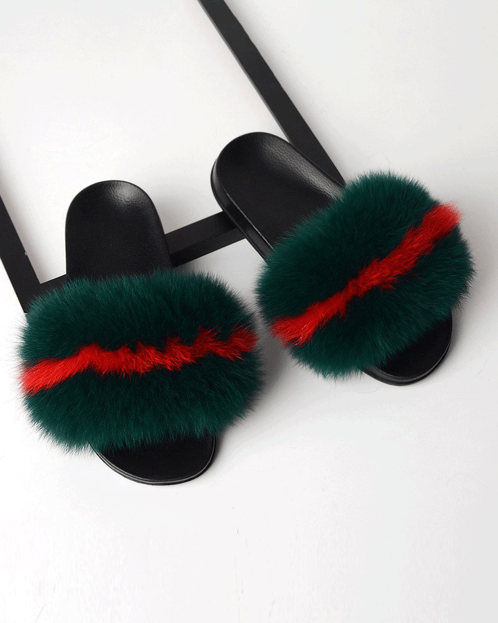 Color-blocked Fox Fur Slippers