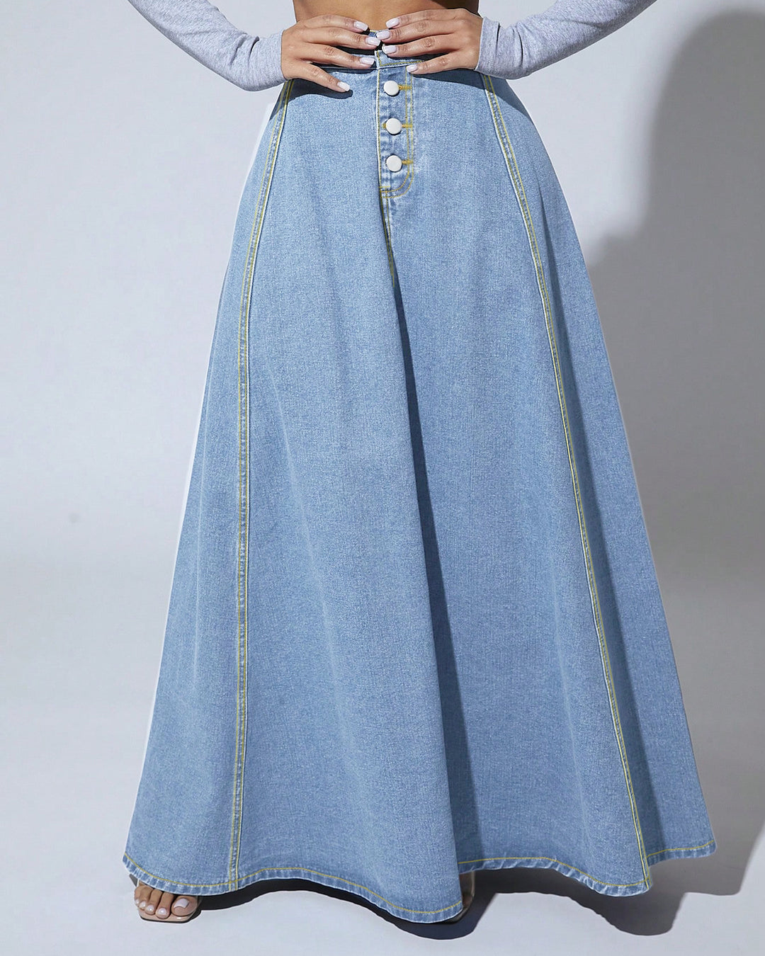 Retro High-waisted Single-breasted Washed Denim Skirt