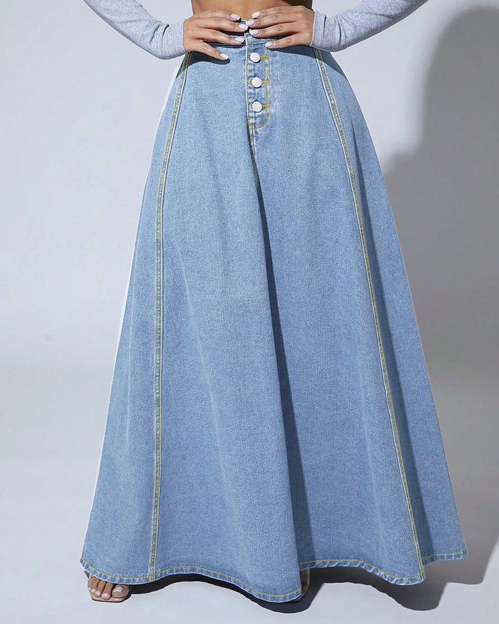Retro High-waisted Single-breasted Washed Denim Skirt