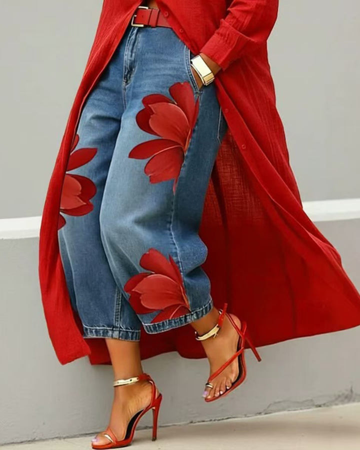Floral Vacation Style Loose Straight Leg Jeans