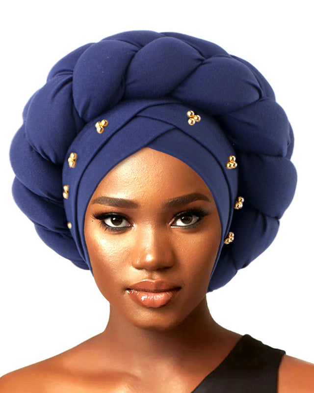 Golden Beaded 3D Oversized Twist Headscarf Beanie with Braid Accents