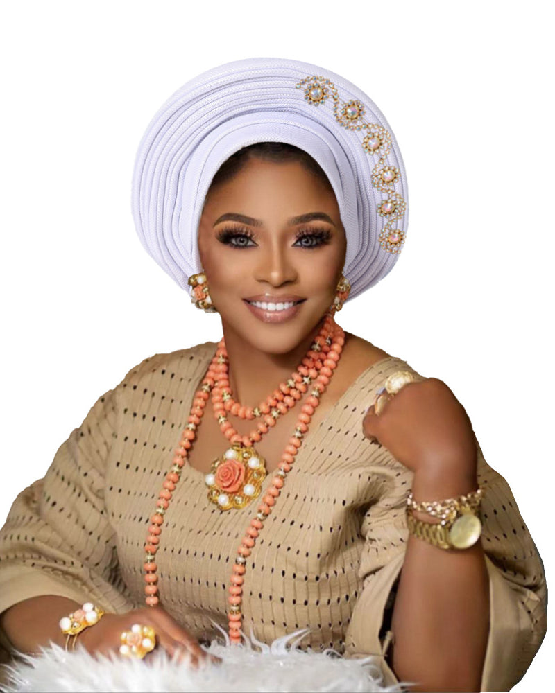 African Auto Gele Headtie Pre‑Tied Headwrap, Rhinestone Embellished Traditional Nigerian Turban Cap