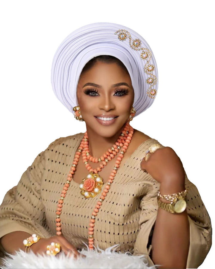 African Auto Gele Headtie Pre‑Tied Headwrap, Rhinestone Embellished Traditional Nigerian Turban Cap