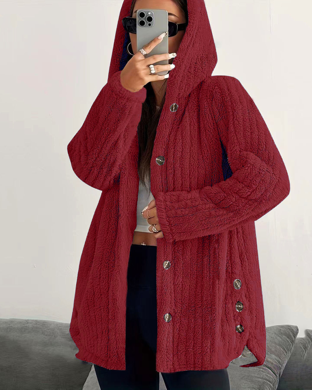 Solid Color Long Sleeve Hooded Loose Plush Jacket