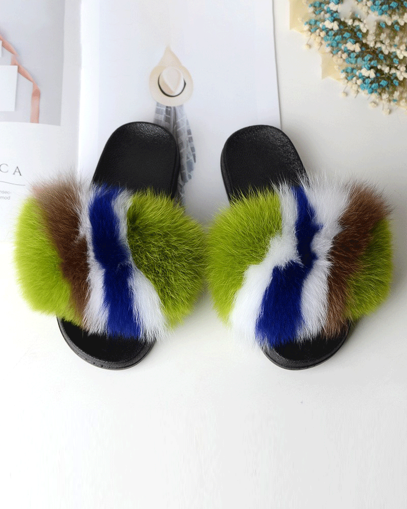 Color-blocked Fox Fur Slippers