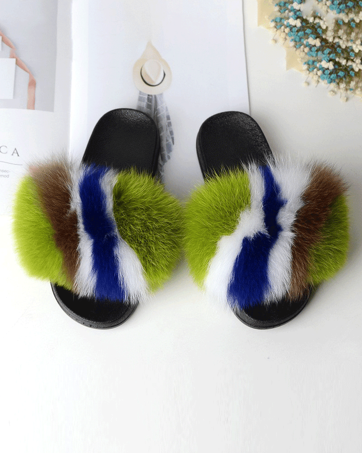Color-blocked Fox Fur Slippers