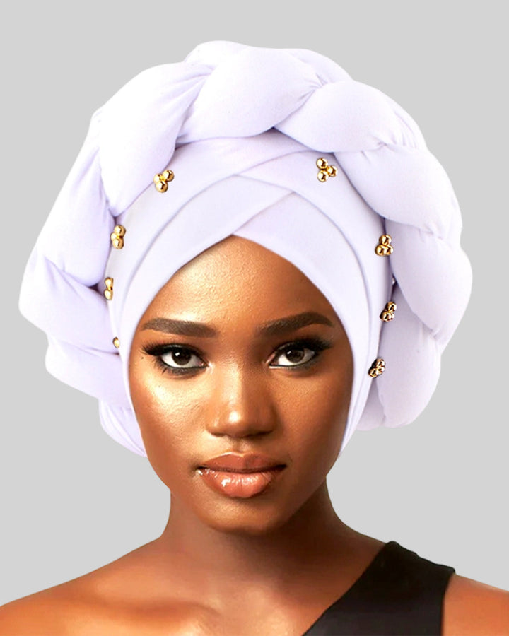 Golden Beaded 3D Oversized Twist Headscarf Beanie with Braid Accents