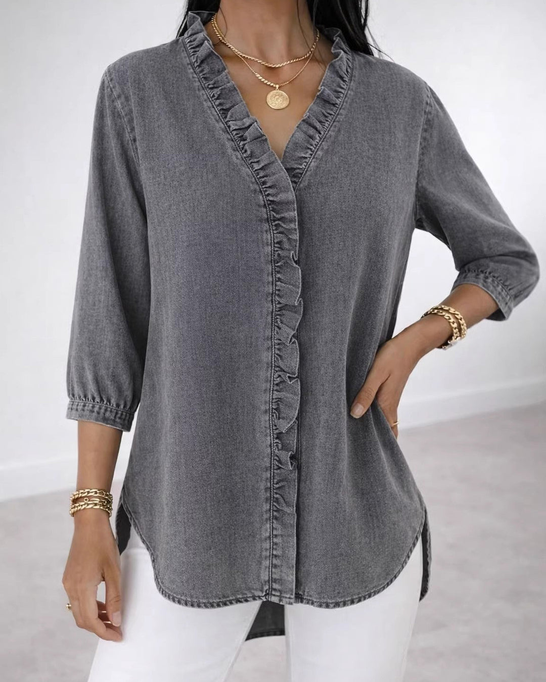 Faux Denim V-Neck Ruffle Trim Blouse