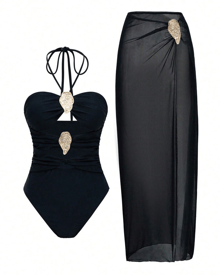Women's Neck Swimsuit Hot Spring Wrap Dress Set
