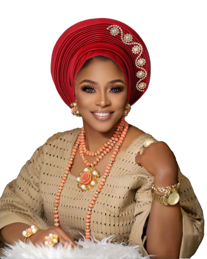 African Auto Gele Headtie Pre‑Tied Headwrap, Rhinestone Embellished Traditional Nigerian Turban Cap