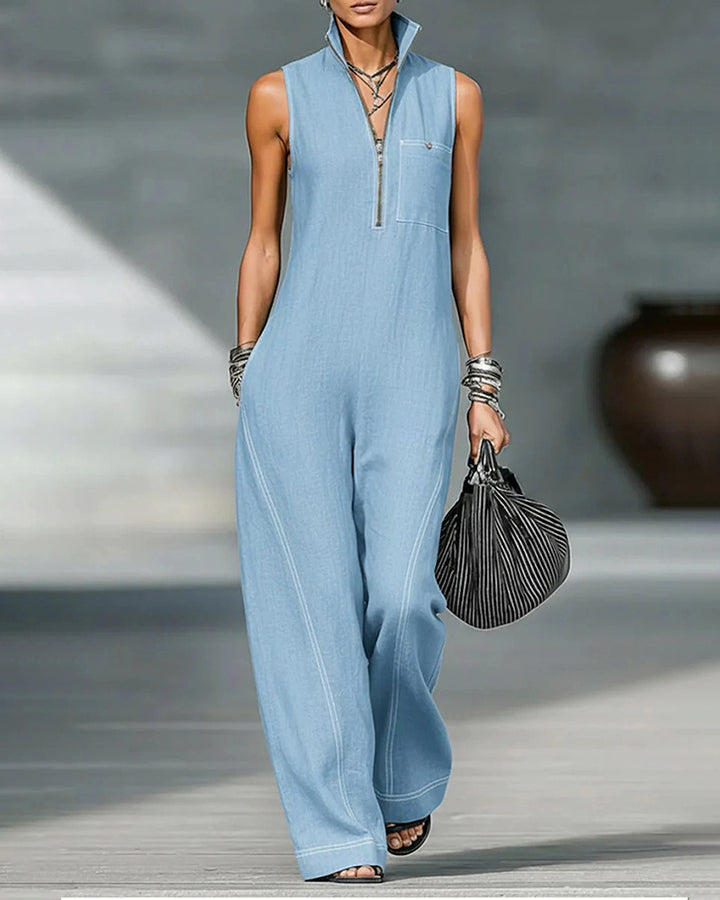 Stand-up Collar Sleeveless Casual Loose Pocket Cotton Linen Jumpsuit