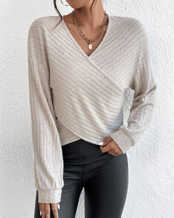 Autumn And Winter New V-neck Cross Pullover Long Sleeve T-shirt