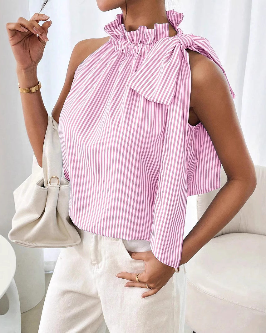 Casual Sleeveless Striped Lace High Neck Tee Top