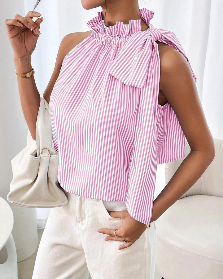 Casual Sleeveless Striped Lace High Neck Tee Top