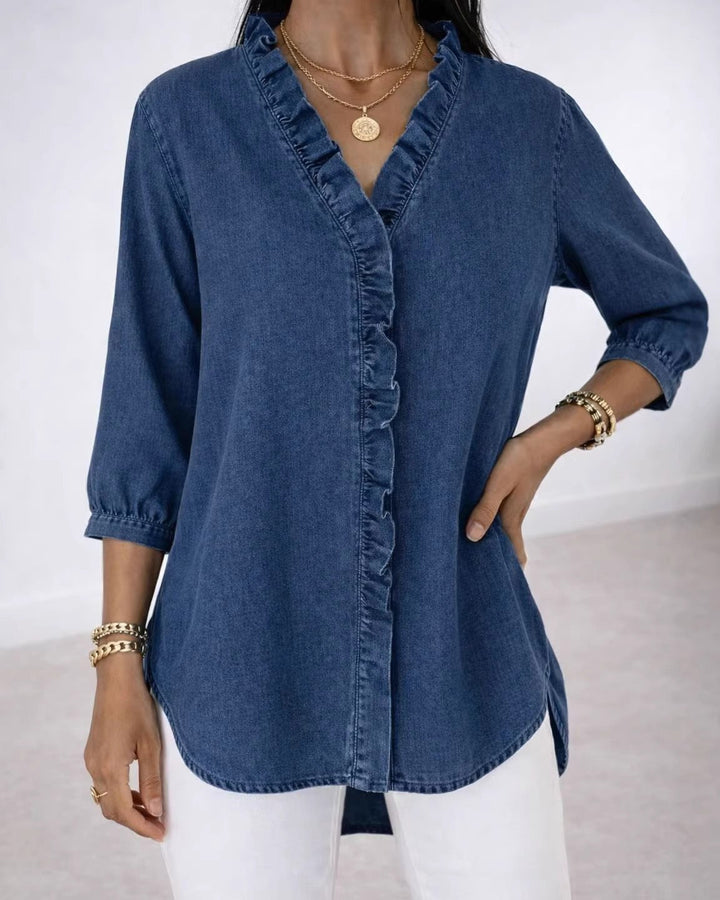 Faux Denim V-Neck Ruffle Trim Blouse