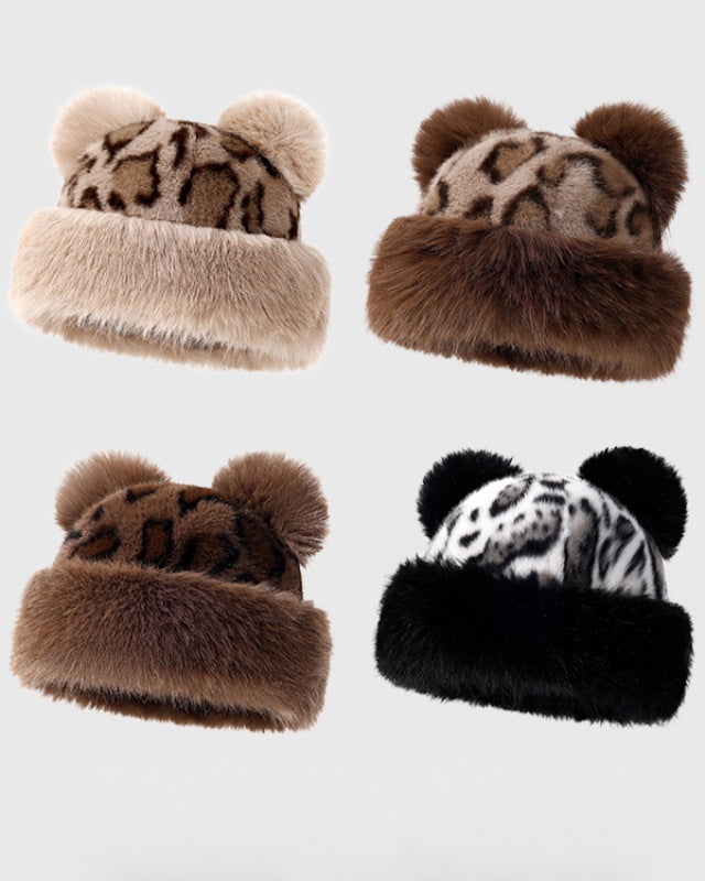Autumn And Winter Bear Ears Thickened Warm Ear Protection Leopard Plush Mongolian Hat
