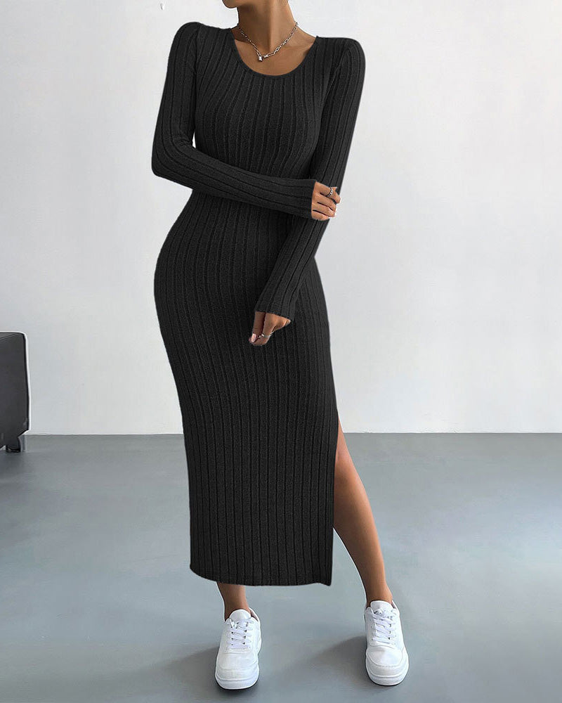 Simple Style Dress Autumn And Winter Slim-fit Split Hip Midi Dress