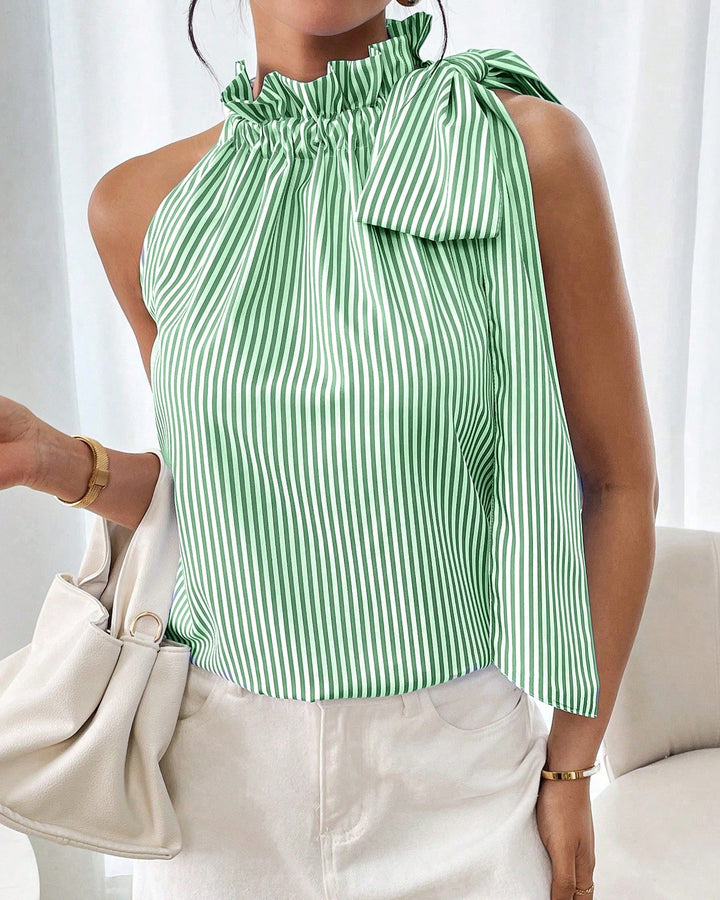 Casual Sleeveless Striped Lace High Neck Tee Top