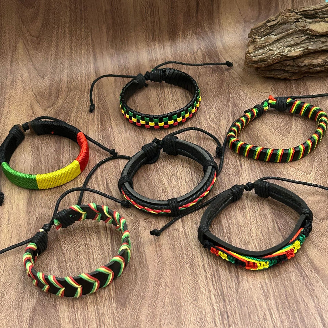 6-Piece Reggae-Inspired Colorful Leather & Cord Braided Adjustable Bangles Set