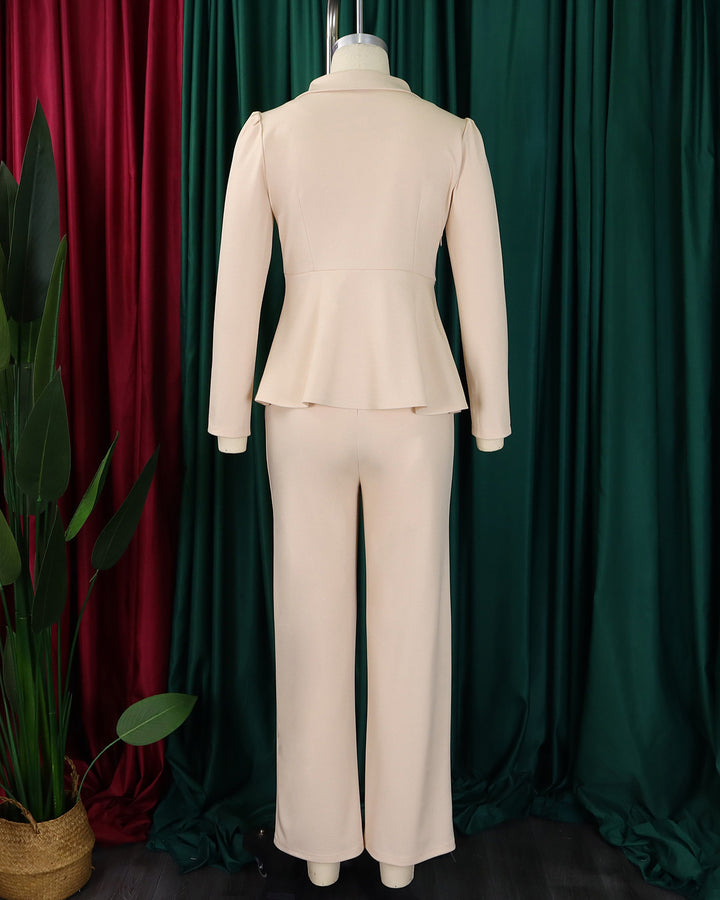 Elegant Office Lady Style Ruffled Top and Wide-leg Pants Set