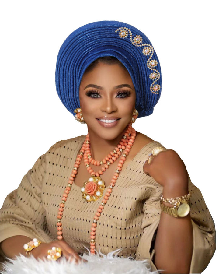 African Auto Gele Headtie Pre‑Tied Headwrap, Rhinestone Embellished Traditional Nigerian Turban Cap