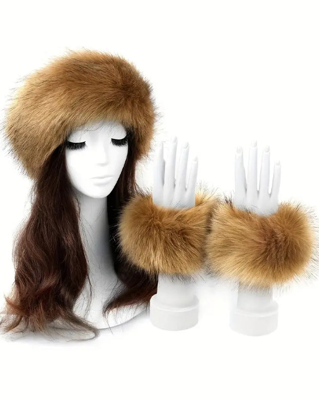 2pcs Set Solid Color Acrylic Fuzzy Beanie Hat And Cuffs