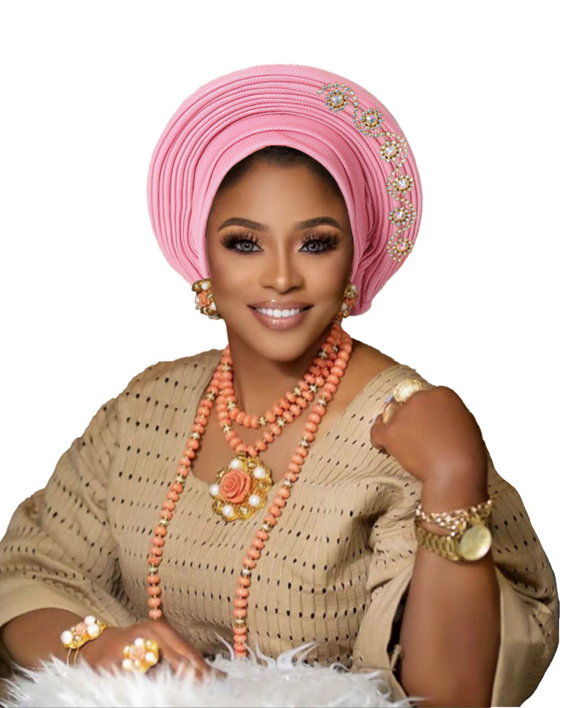 African Auto Gele Headtie Pre‑Tied Headwrap, Rhinestone Embellished Traditional Nigerian Turban Cap