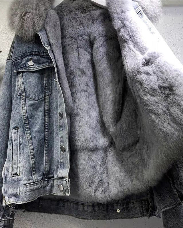 Short Jacket Cotton-padded Jacket Fleece-lined New Style Cotton-padded Jacket Loose Denim Fur Collar Thickened Jacket