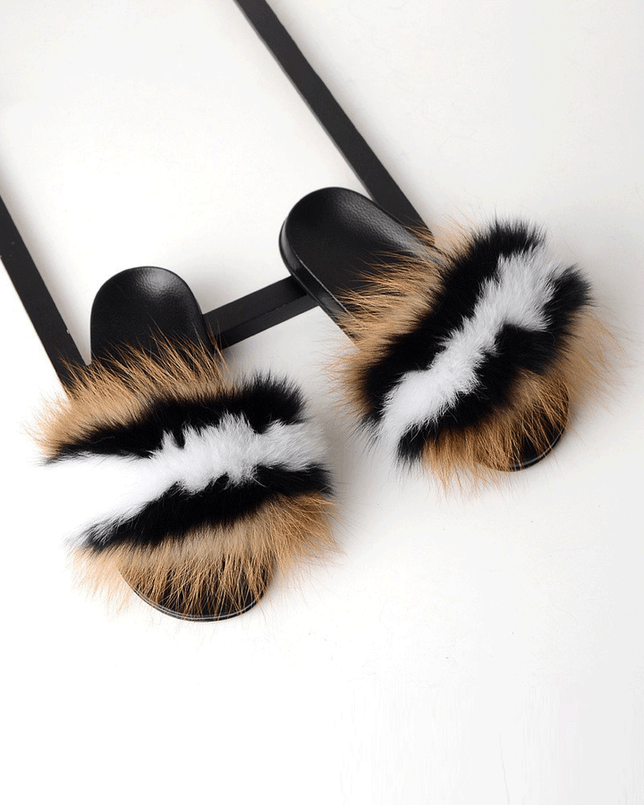 Color-blocked Fox Fur Slippers