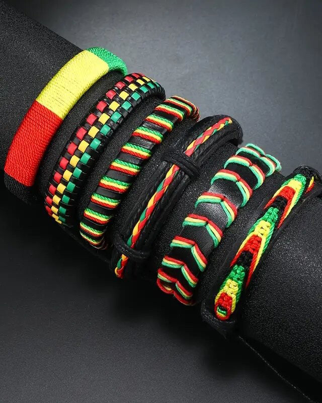6-Piece Reggae-Inspired Colorful Leather & Cord Braided Adjustable Bangles Set