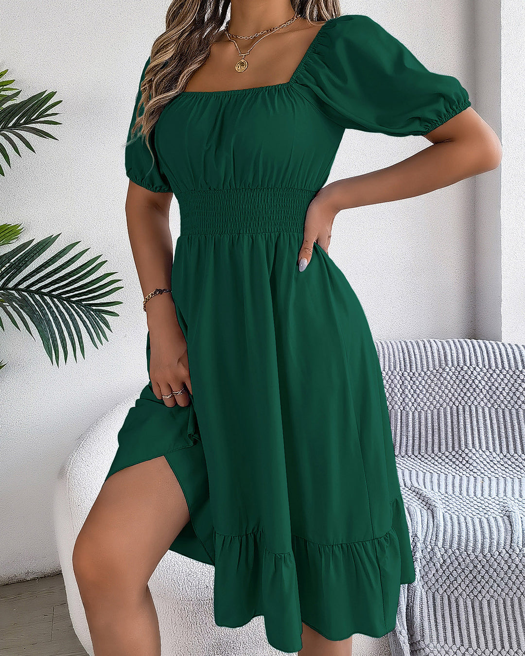 Square Neck Waist Ruffle A-Line Dress