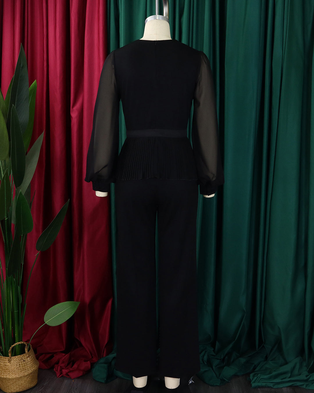 V-neck Long-sleeved Pleated Top and Wide-leg Pants Set