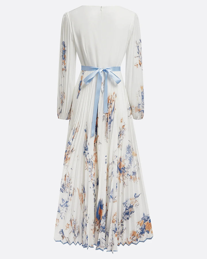 V-neck Lantern Sleeve High-waisted Pleated Dress
