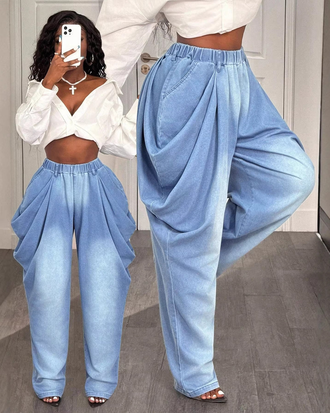 Chic Elastic Waist Ruched Washed Denim Casual Pants