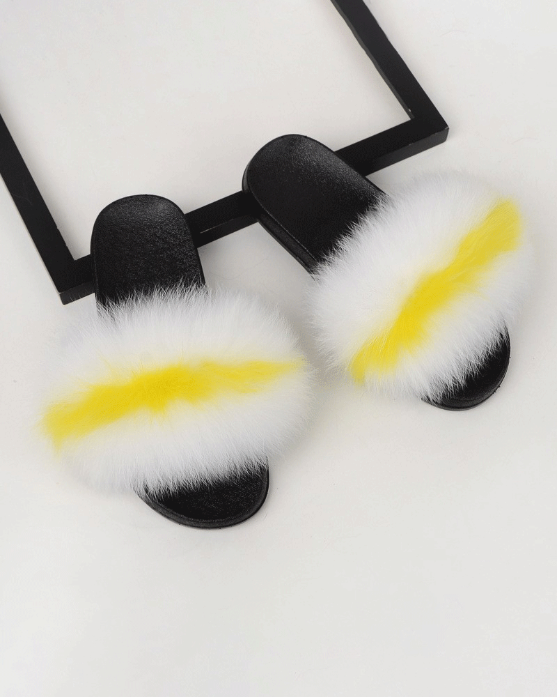 Color-blocked Fox Fur Slippers