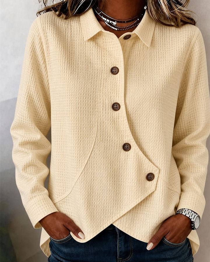 Casual Solid Color Waffle Pattern Irregular Long-sleeved Top