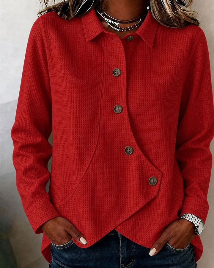 Casual Solid Color Waffle Pattern Irregular Long-sleeved Top
