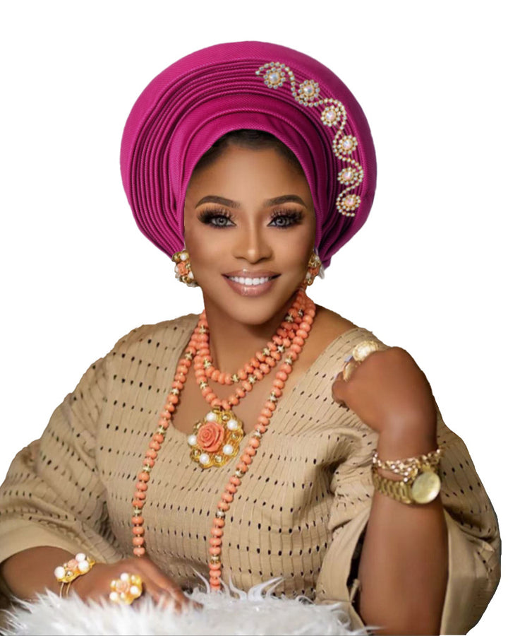African Auto Gele Headtie Pre‑Tied Headwrap, Rhinestone Embellished Traditional Nigerian Turban Cap