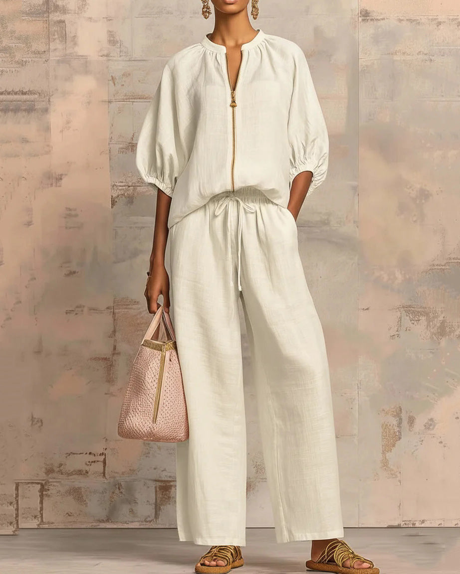 Solid Color Cotton Linen Puff Sleeve Zip-up Top and Wide-leg Pants Two-piece Set
