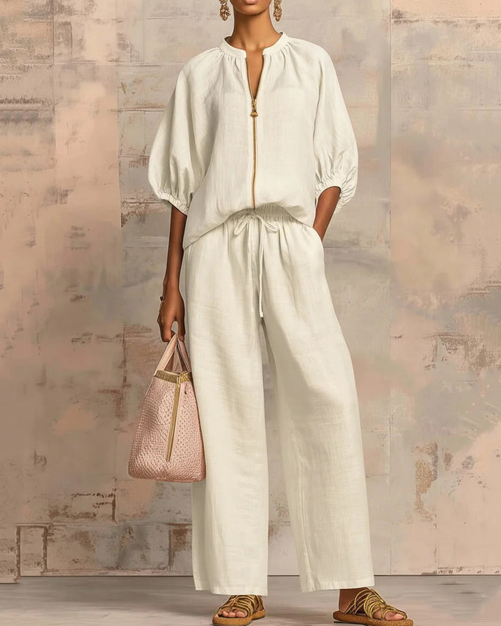 Solid Color Cotton Linen Puff Sleeve Zip-up Top and Wide-leg Pants Two-piece Set