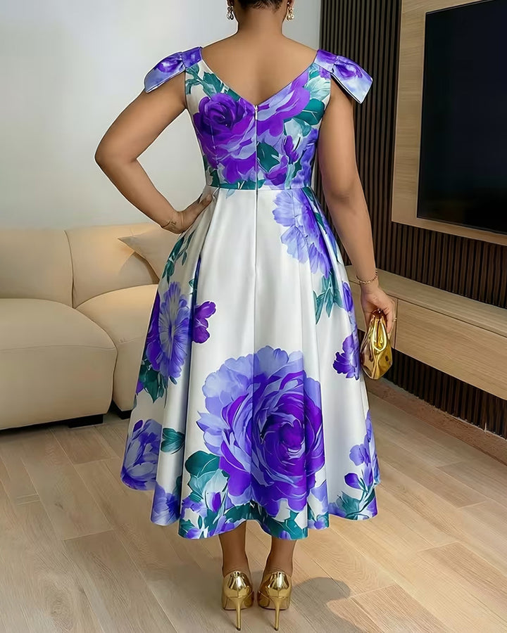 Sleeveless Floral Dress with Shoulder Bows