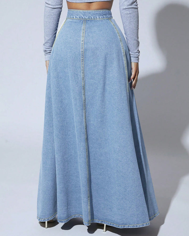 Retro High-waisted Single-breasted Washed Denim Skirt