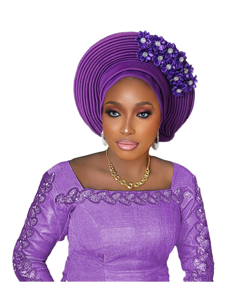 Adhesive Floral Appliqué Heavy-duty Craftsmanship Lurex Thread Layered Tie-strap Turban Hat