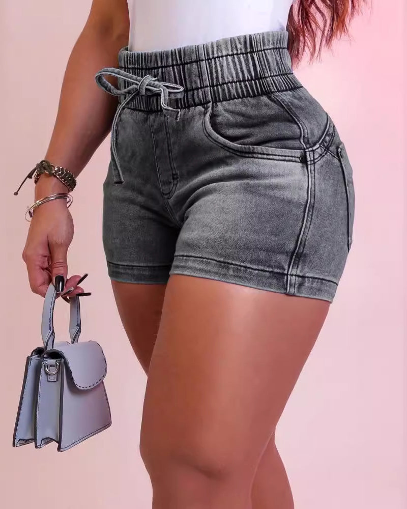 High-waisted Elastic Waistband Washable Denim Shorts