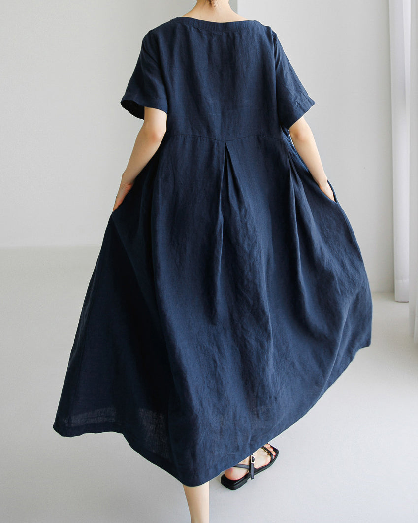 Round Neck Loose Cotton and Linen Casual Long Dress