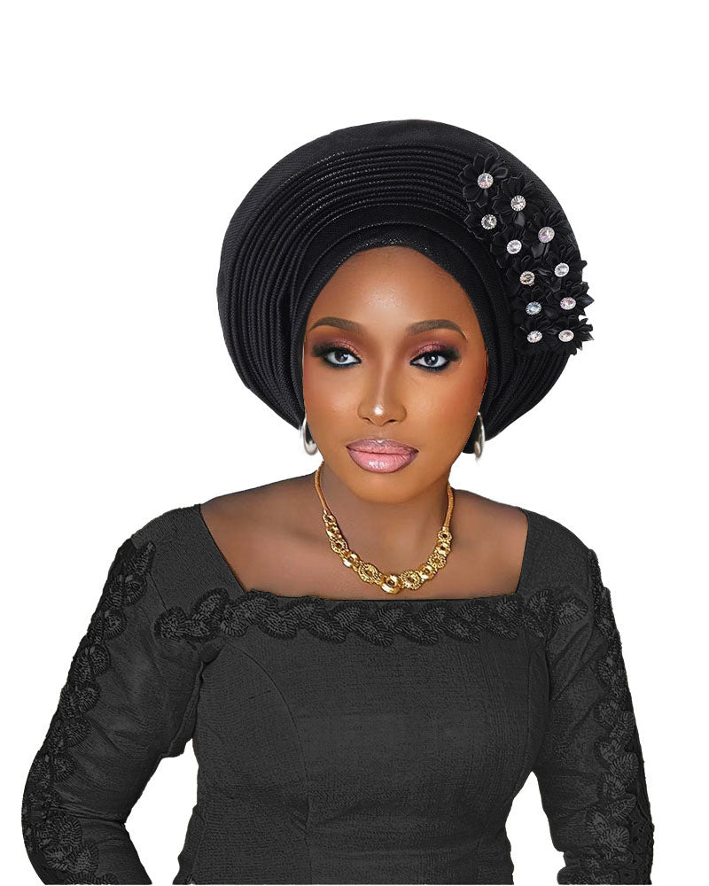 Adhesive Floral Appliqué Heavy-duty Craftsmanship Lurex Thread Layered Tie-strap Turban Hat