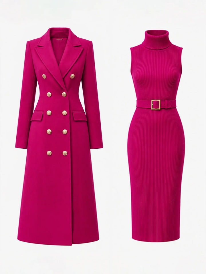 Women's Two-piece Set Double Breasted Wool Blend Maxi Coat+High-neck Knit Dress