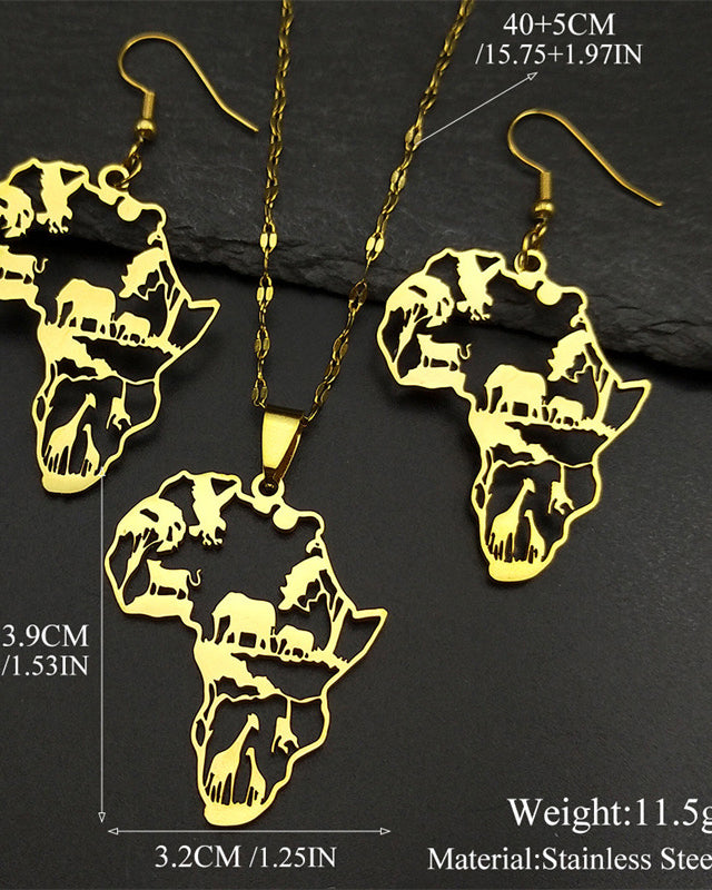 African Map & Animal Stainless Steel Earrings and Necklace